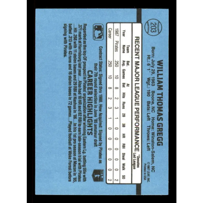 1988 Donruss #203 Tommy Gregg EX Pittsburgh Pirates Baseball Card Image 2