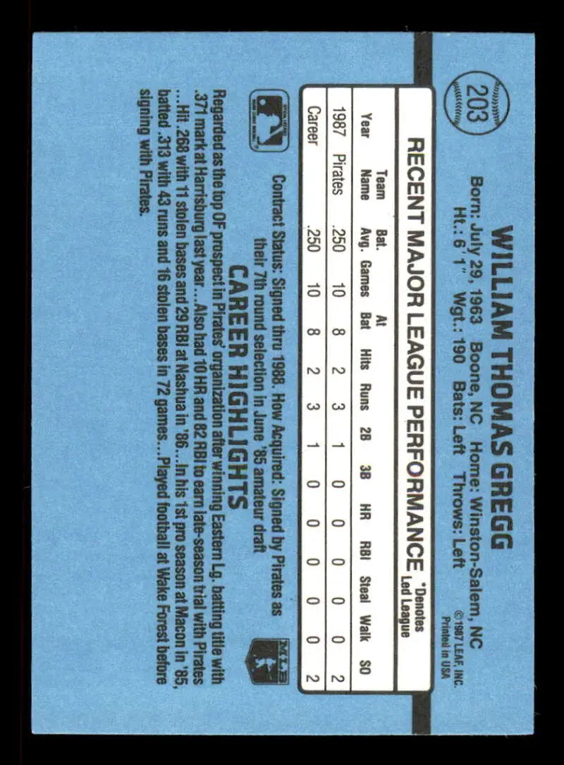 1988 Donruss #203 Tommy Gregg NM-MT Pittsburgh Pirates Baseball Card - Baseball Card Single