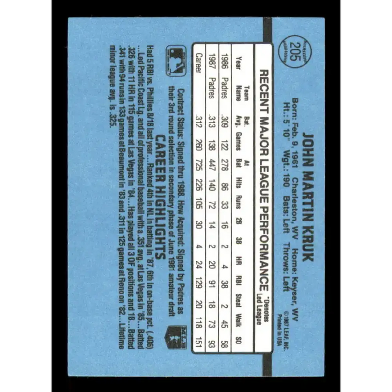 1988 Donruss #205 John Kruk EX San Diego Padres Baseball Card - Baseball Card Single