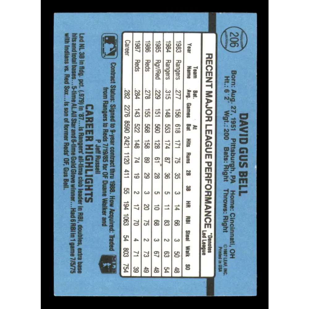 1988 Donruss #206 Buddy Bell EX Cincinnati Reds Baseball Card Image 2