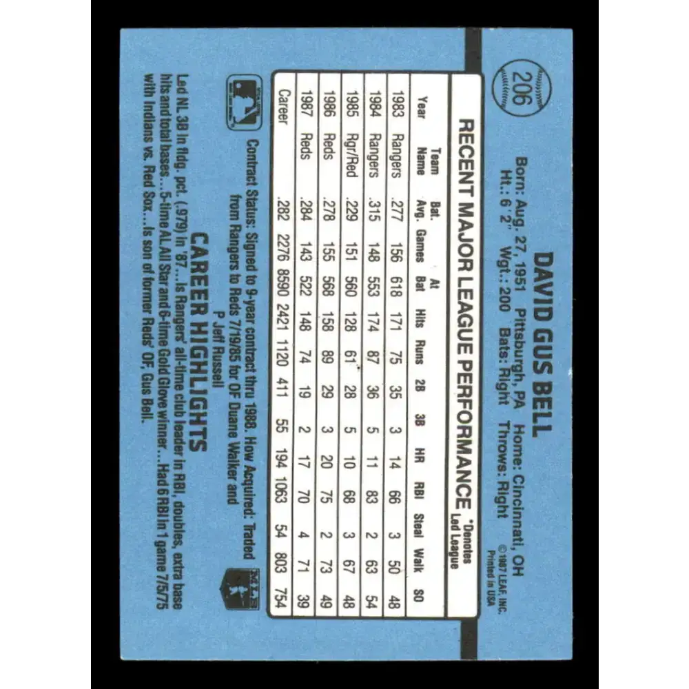1988 Donruss #206 Buddy Bell EX Cincinnati Reds Baseball Card - Baseball Card Single