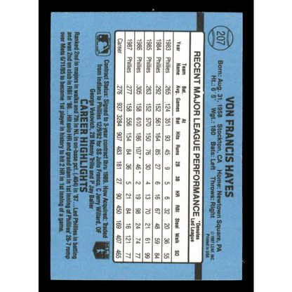 1988 Donruss #207 Von Hayes EX Philadelphia Phillies Baseball Card Image 2