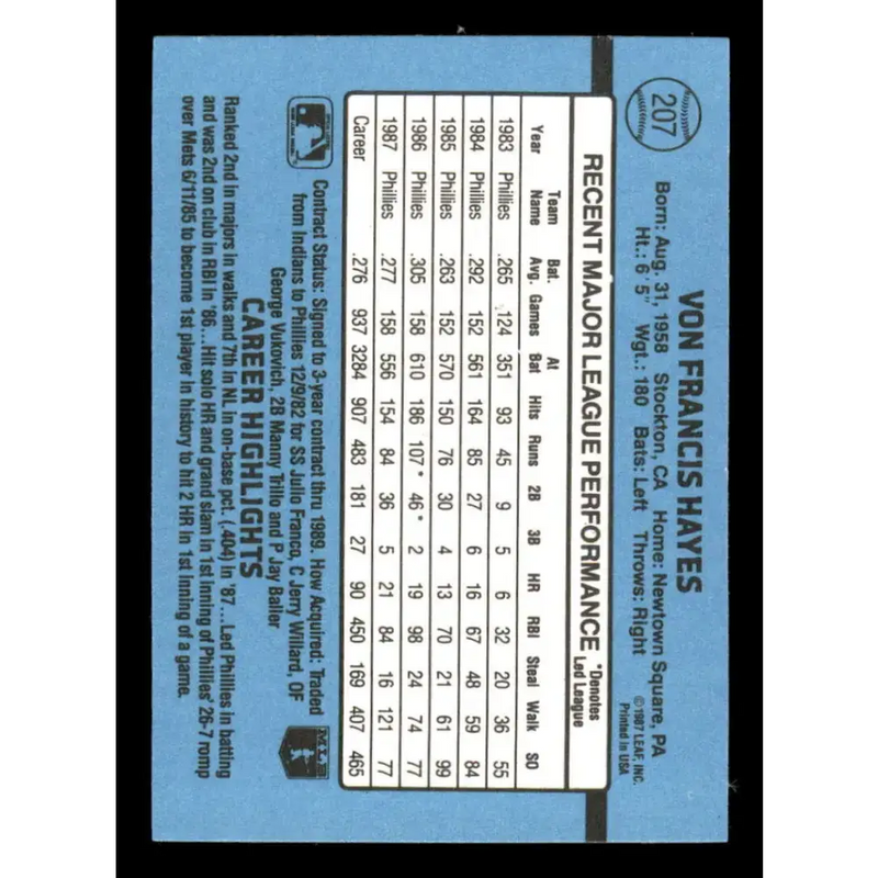 1988 Donruss #207 Von Hayes EX Philadelphia Phillies Baseball Card - Baseball Card Single