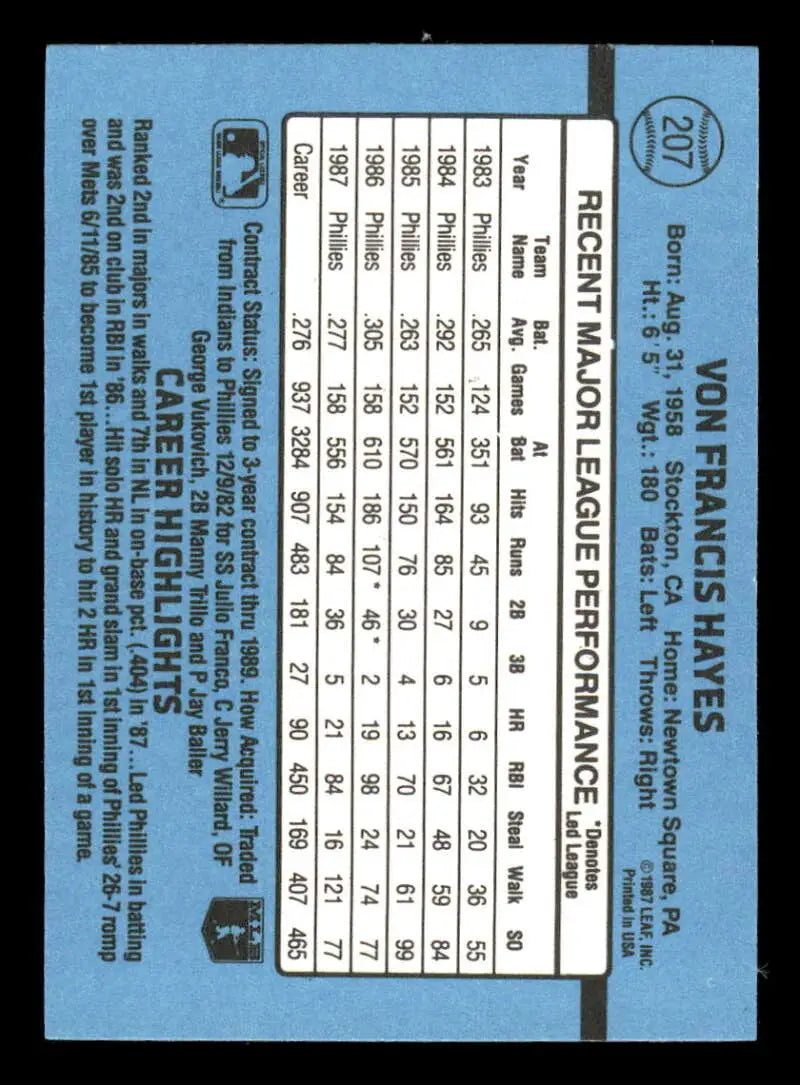 1988 Donruss #207 Von Hayes NM-MT Philadelphia Phillies Baseball Card - Baseball Card Single