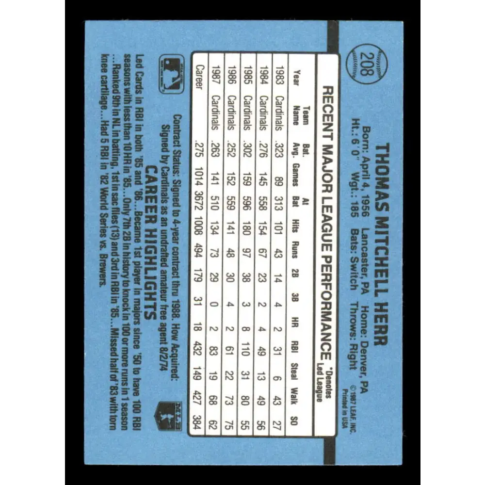 1988 Donruss #208 Tommy Herr EX St. Louis Cardinals Baseball Card Image 2