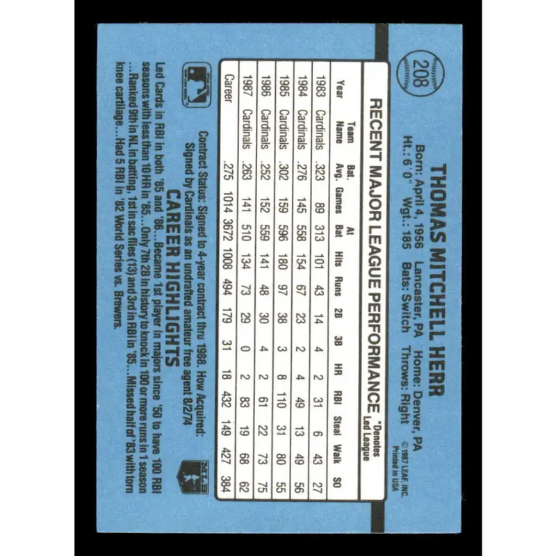 1988 Donruss #208 Tommy Herr EX St. Louis Cardinals Baseball Card - Baseball Card Single