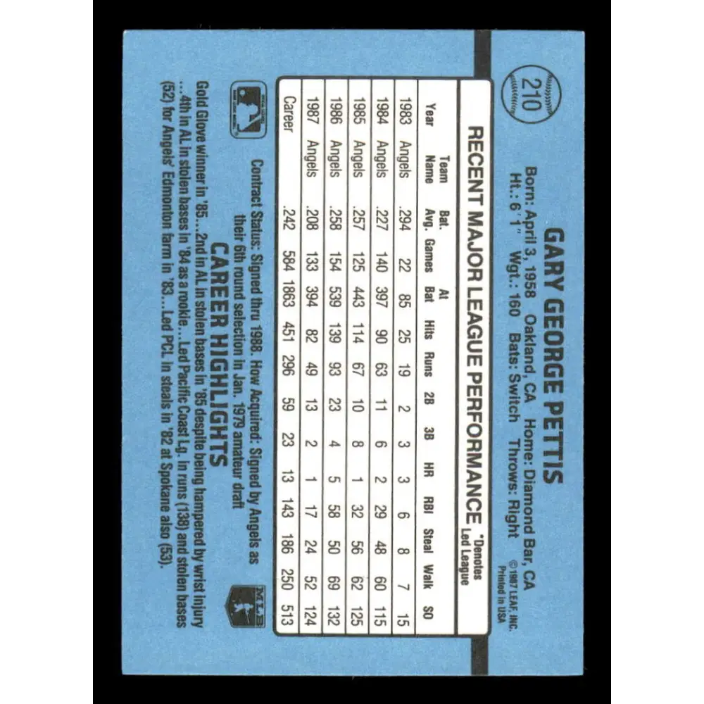 1988 Donruss #210 Gary Pettis EX California Angels Baseball Card Image 2