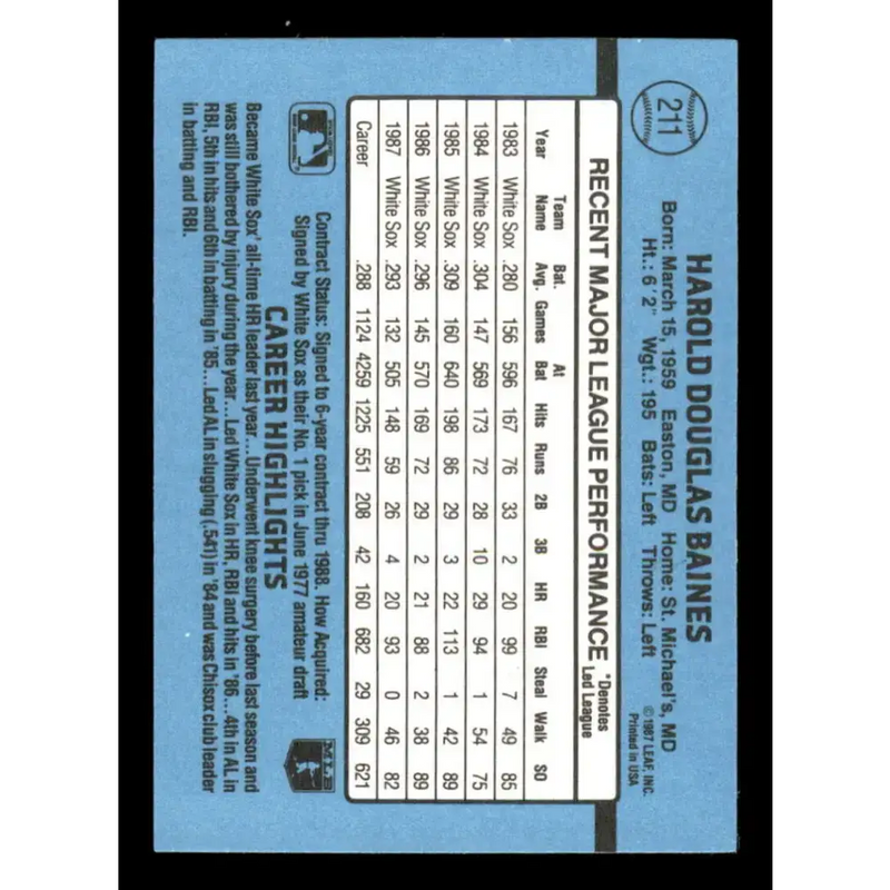 1988 Donruss #211 Harold Baines EX Chicago White Sox Baseball Card - Baseball Card Single