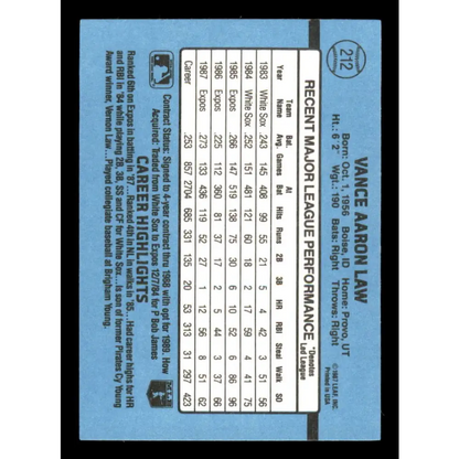 1988 Donruss #212 Vance Law EX Montreal Expos Baseball Card Image 2