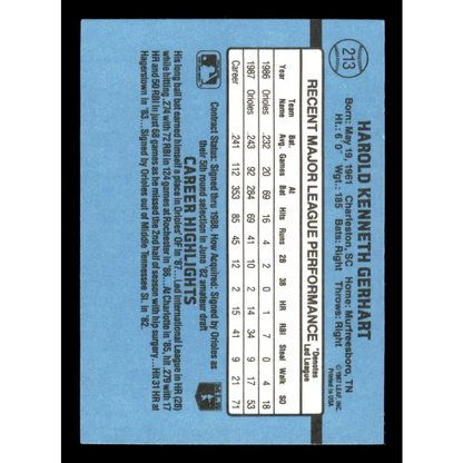 1988 Donruss #213 Ken Gerhart EX Baltimore Orioles Baseball Card Image 2