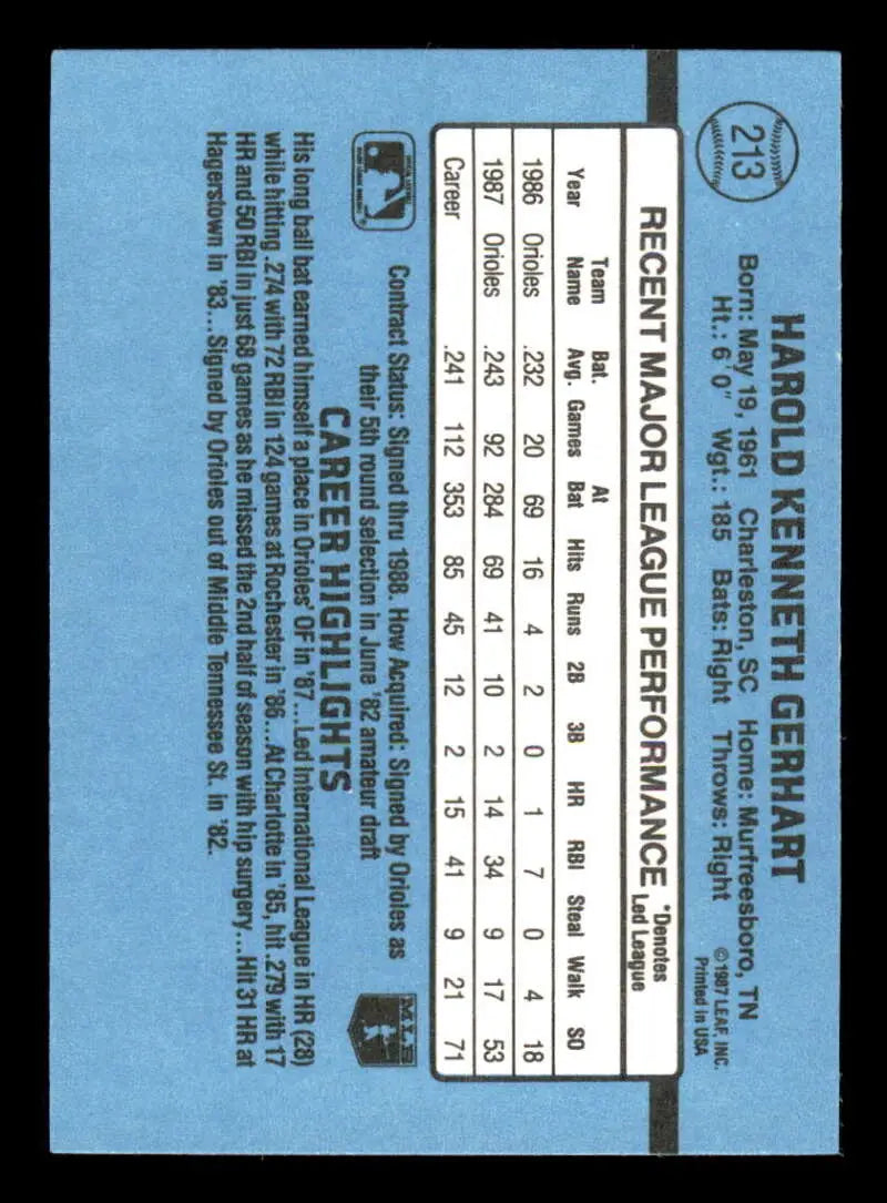 1988 Donruss #213 Ken Gerhart NM-MT Baltimore Orioles Baseball Card - Baseball Card Single