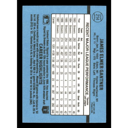1988 Donruss #214 Jim Gantner EX Milwaukee Brewers Baseball Card Image 2