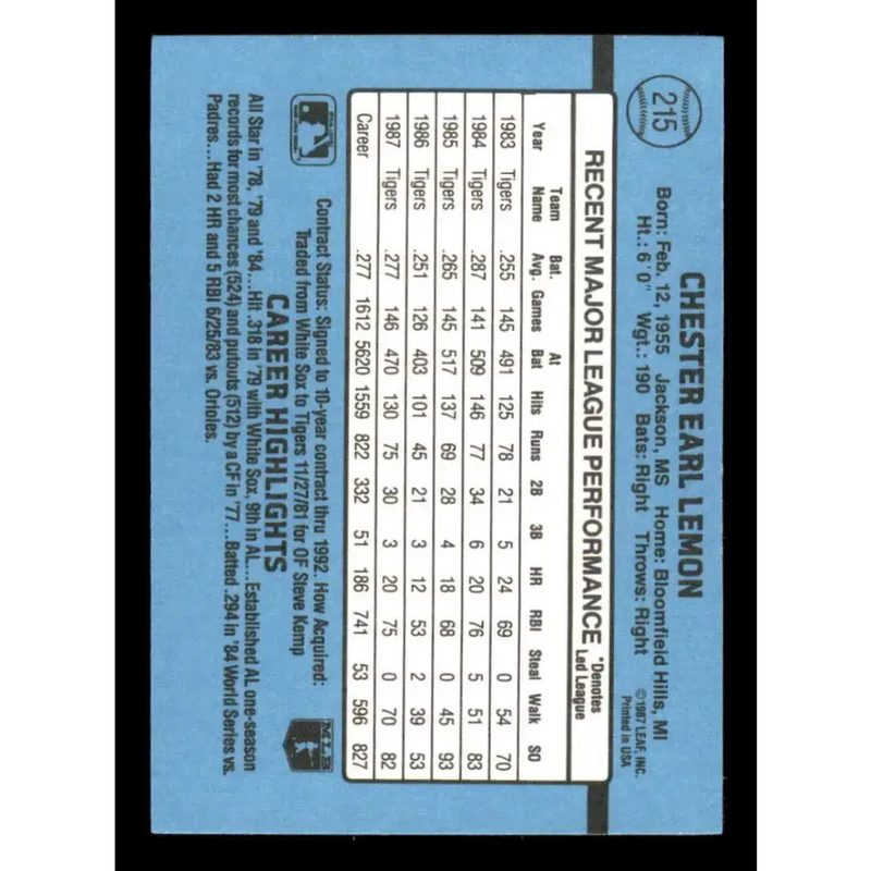 1988 Donruss #215 Chet Lemon EX Detroit Tigers Baseball Card - Baseball Card Single