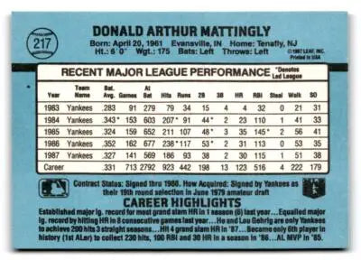 Don Mattingly baseball card featuring career stats and highlights from 1988 Donruss #217