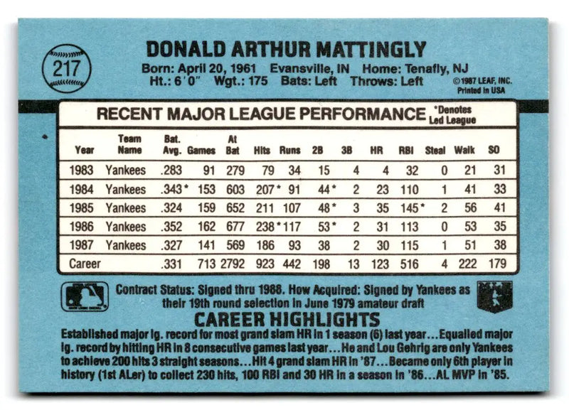 1988 Donruss #217 Don Mattingly - Baseball Card Single