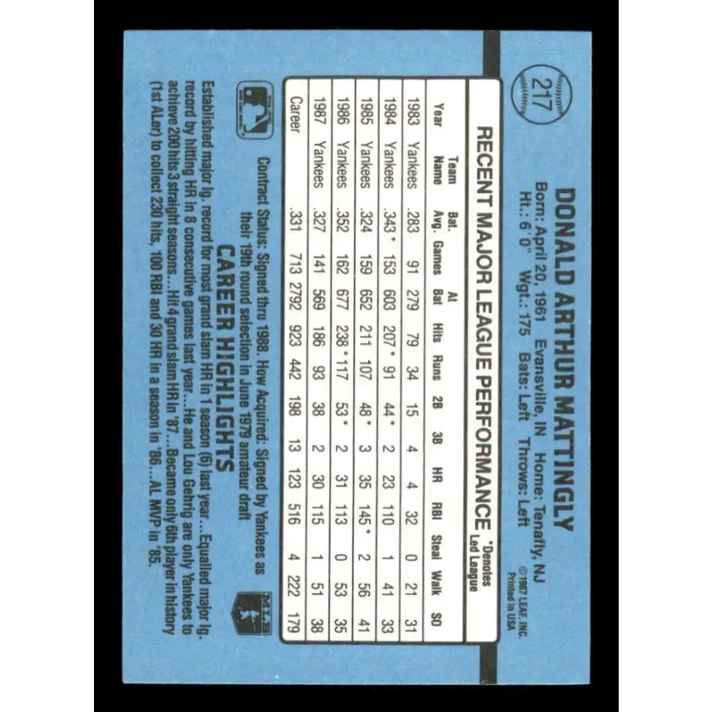 1988 Donruss #217 Don Mattingly EX New York Yankees Baseball Card