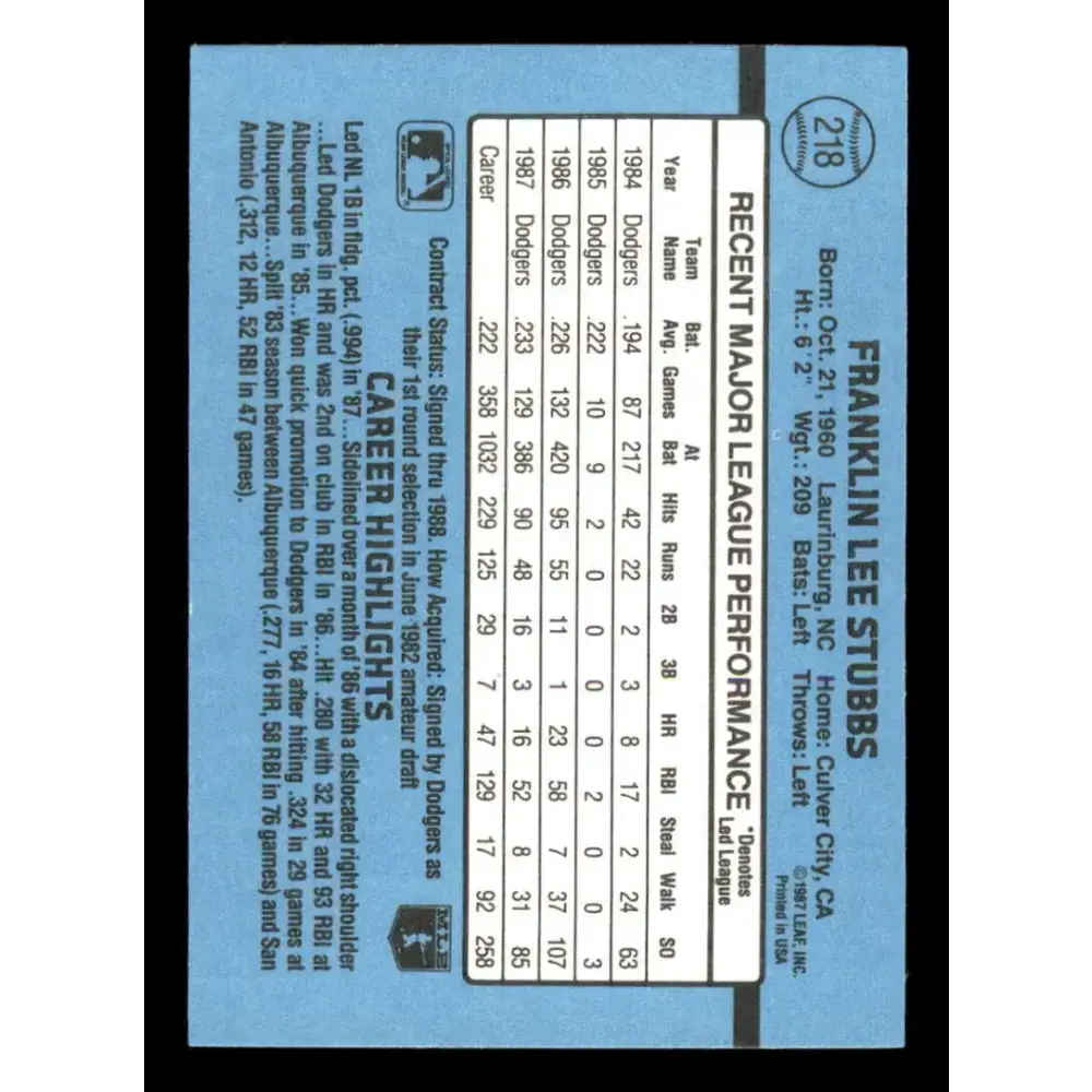 1988 Donruss #218 Franklin Stubbs EX Los Angeles Dodgers Baseball Card - Baseball Card Single