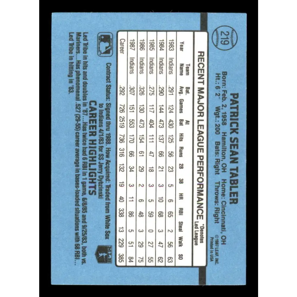 1988 Donruss #219 Pat Tabler EX Cleveland Indians Baseball Card Image 2