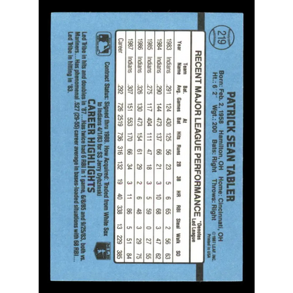 1988 Donruss #219 Pat Tabler EX Cleveland Indians Baseball Card Image 2