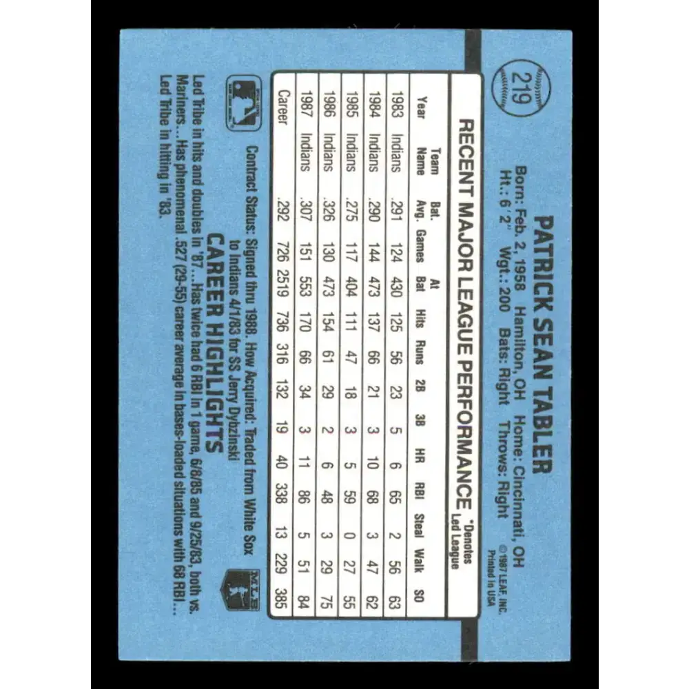 1988 Donruss #219 Pat Tabler EX Cleveland Indians Baseball Card - Baseball Card Single