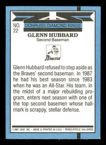 Original gloss baseball card of Glenn Hubbard from 1988 Donruss #22 Braves