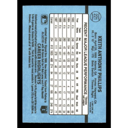 1988 Donruss #221 Tony Phillips EX Oakland Athletics Baseball Card Image 2