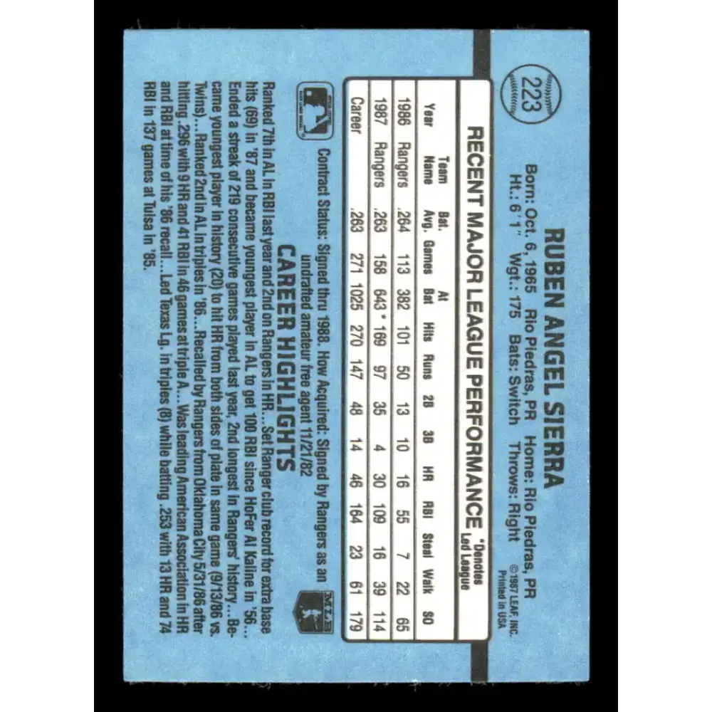 1988 Donruss #223 Ruben Sierra EX Texas Rangers Baseball Card - Baseball Card Single