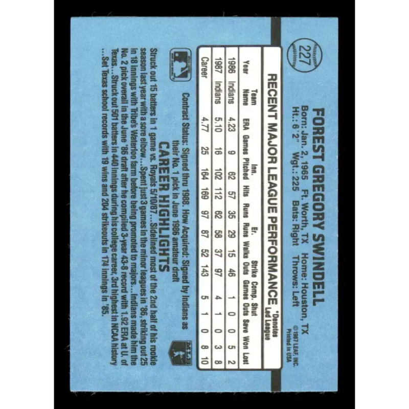1988 Donruss #227 Greg Swindell EX Cleveland Indians Baseball Card - Baseball Card Single
