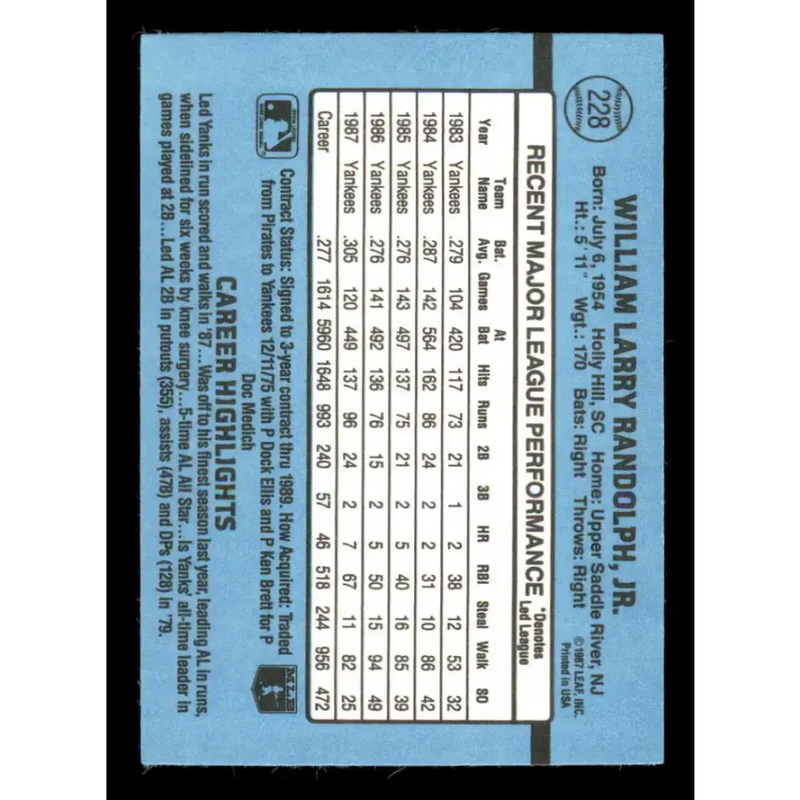 1988 Donruss #228 Willie Randolph EX New York Yankees Baseball Card - Baseball Card Single