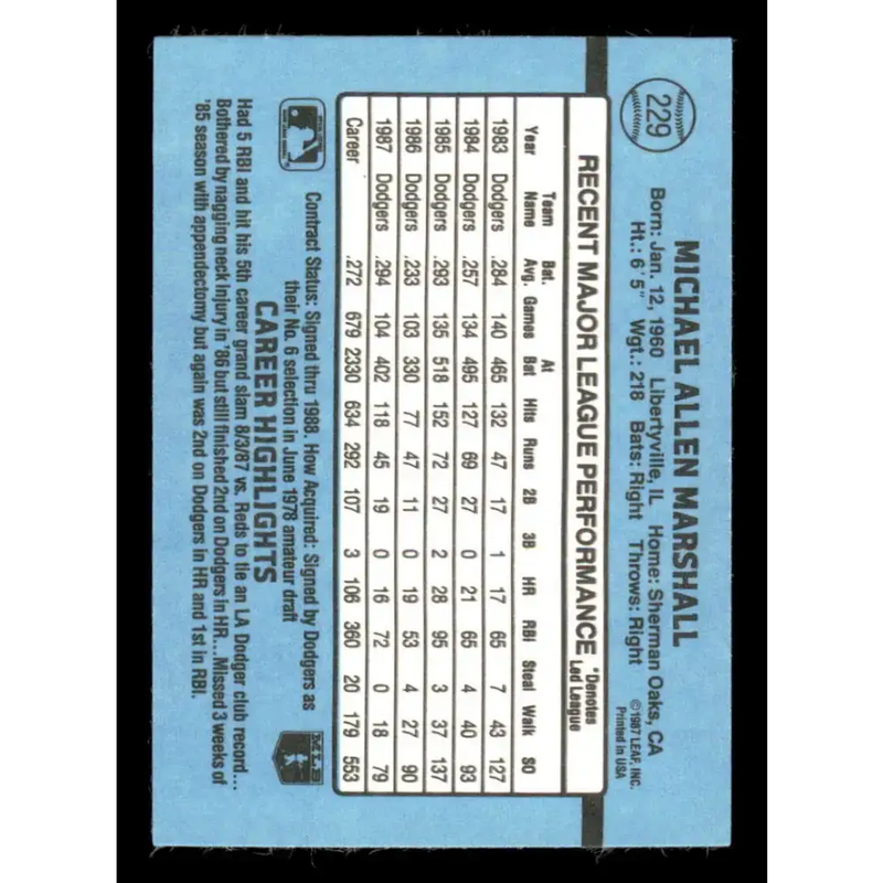 1988 Donruss #229 Mike Marshall EX Los Angeles Dodgers Baseball Card - Baseball Card Single