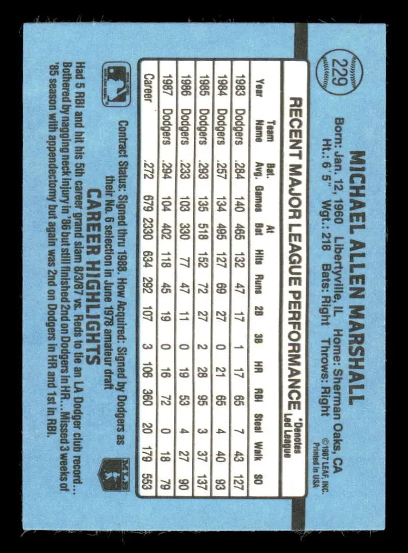 1988 Donruss #229 Mike Marshall NM-MT Los Angeles Dodgers Baseball Card - Baseball Card Single