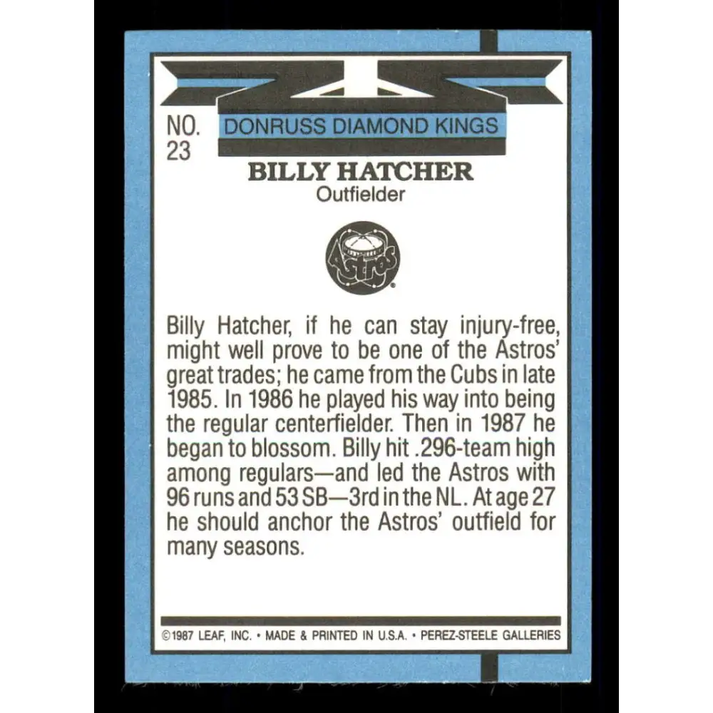 1988 Donruss #23 Billy Hatcher DK EX Houston Astros Baseball Card Image 2