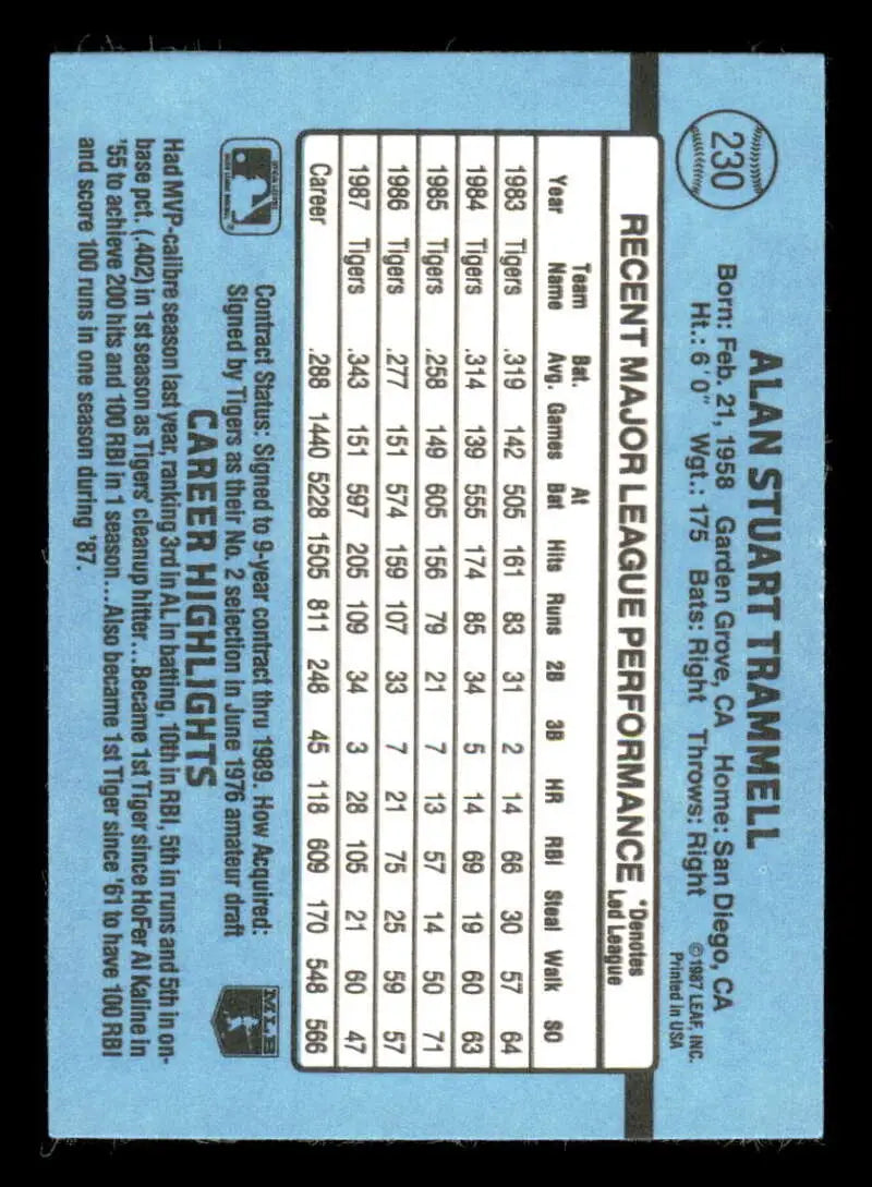 1988 Donruss #230 Alan Trammell NM-MT Detroit Tigers Baseball Card - Baseball Card Single