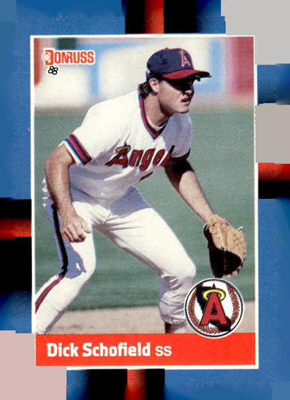 Baseball card featuring Dick Schofield in white Angels uniform 1988 Donruss #233c