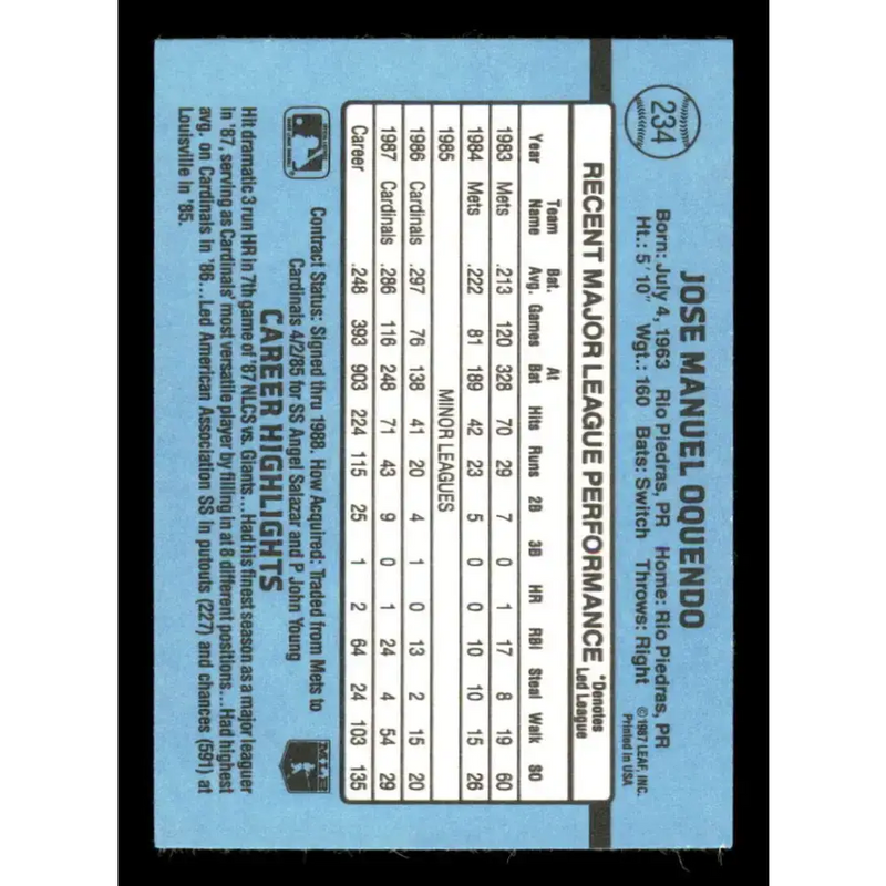 1988 Donruss #234 Jose Oquendo EX St. Louis Cardinals Baseball Card - Baseball Card Single