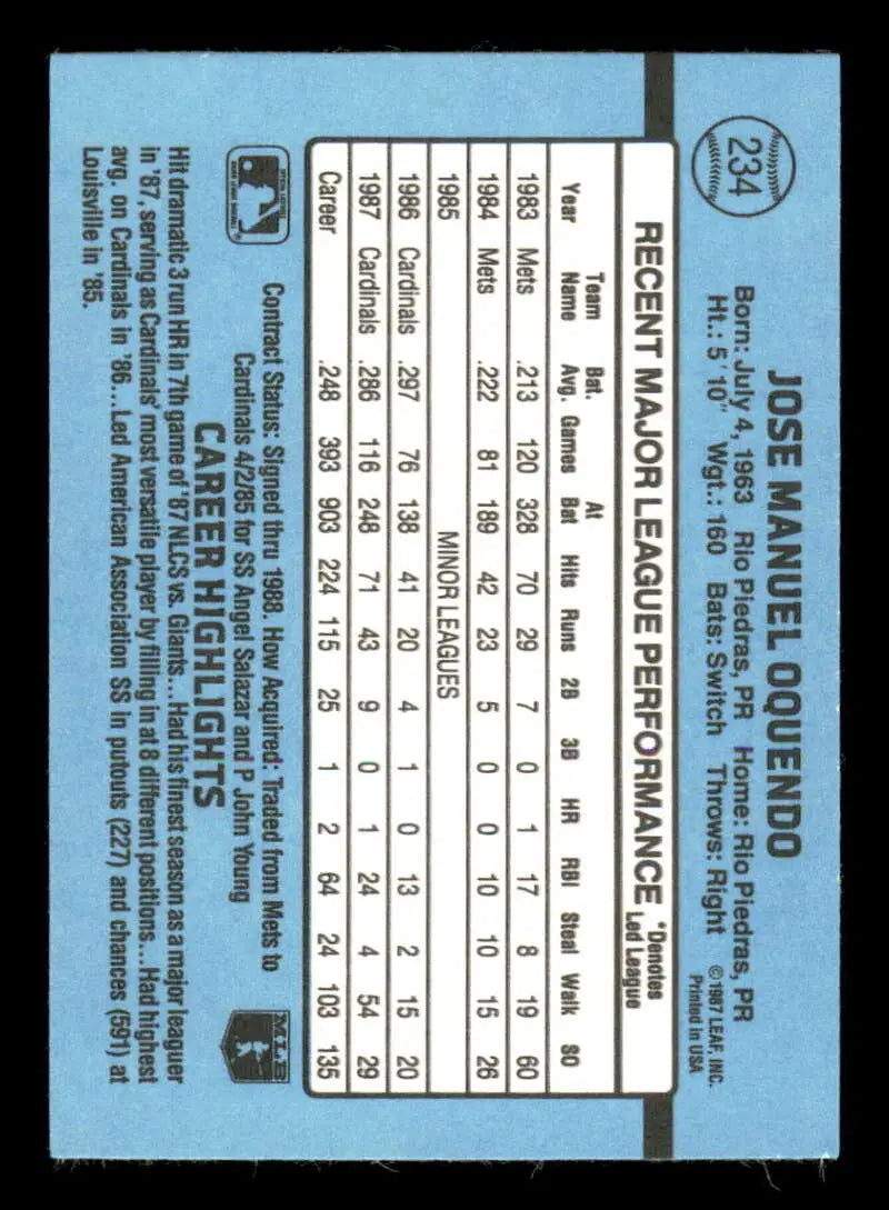 1988 Donruss #234 Jose Oquendo NM-MT St. Louis Cardinals Baseball Card - Baseball Card Single