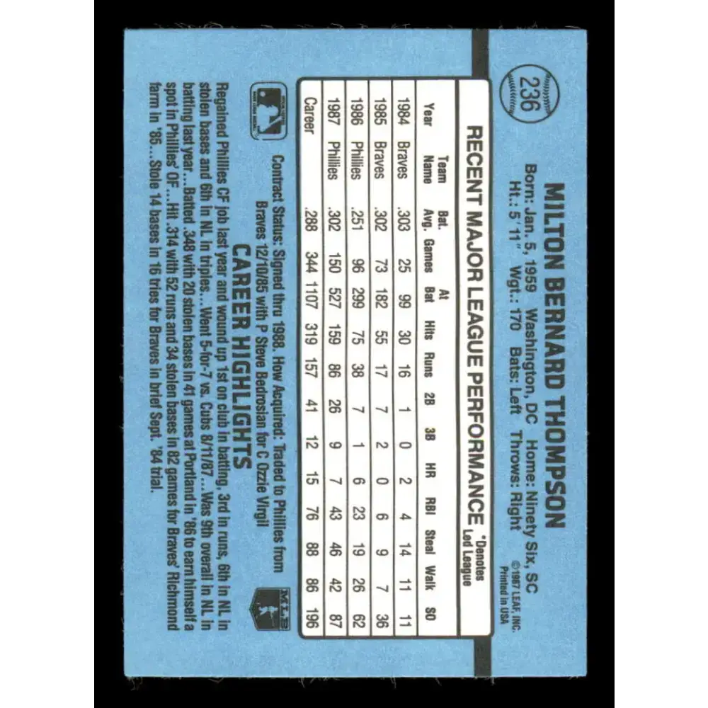 1988 Donruss #236 Milt Thompson EX Philadelphia Phillies Baseball Card - Baseball Card Single