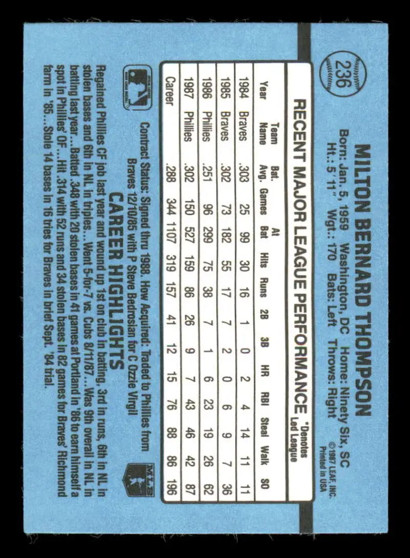 1988 Donruss #236 Milt Thompson NM-MT Philadelphia Phillies Baseball Card - Baseball Card Single