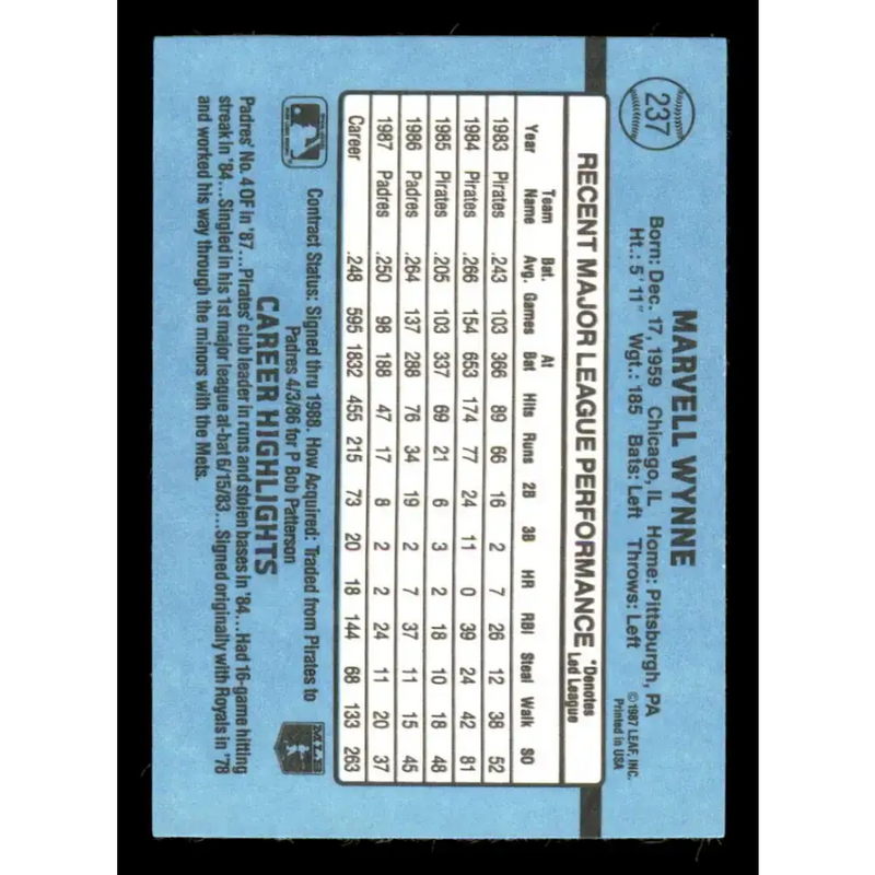 1988 Donruss #237 Marvell Wynne EX San Diego Padres Baseball Card - Baseball Card Single