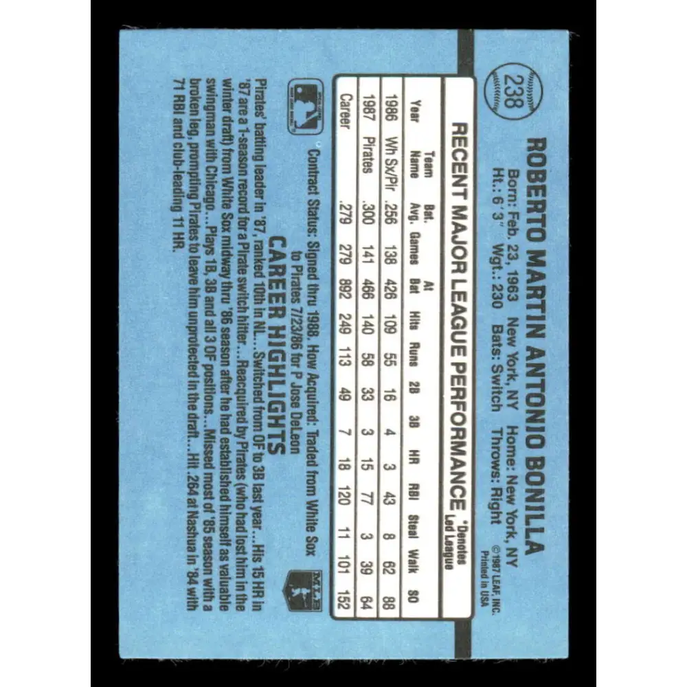 1988 Donruss #238 Bobby Bonilla EX Pittsburgh Pirates Baseball Card Image 2