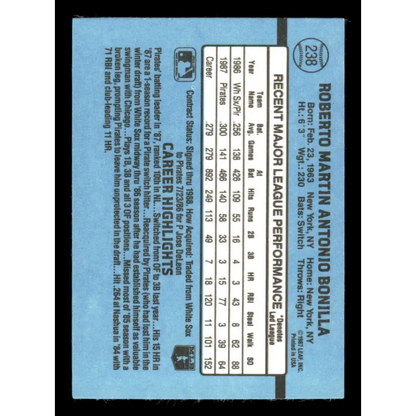 1988 Donruss #238 Bobby Bonilla EX Pittsburgh Pirates Baseball Card Image 2
