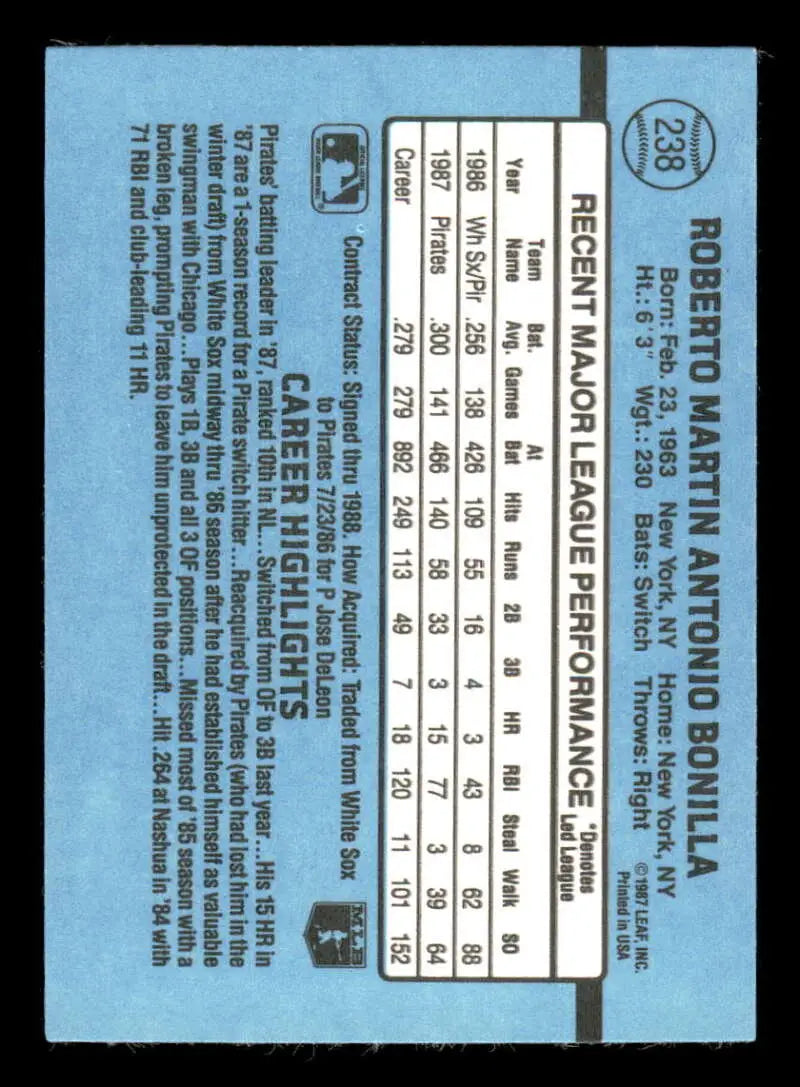1988 Donruss #238 Bobby Bonilla NM-MT Pittsburgh Pirates Baseball Card - Baseball Card Single