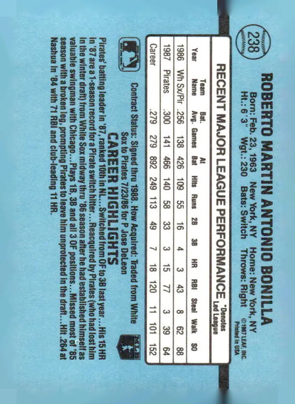 1988 Donruss Bobby Bonilla baseball card 238c Bobby Bonilla collectible image