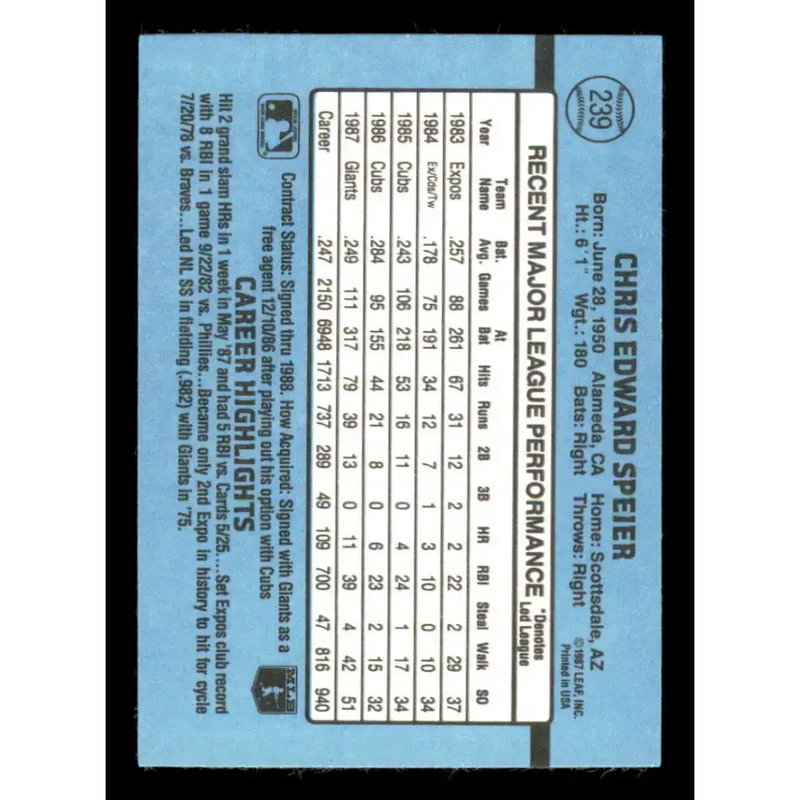 1988 Donruss #239 Chris Speier EX San Francisco Giants Baseball Card - Baseball Card Single