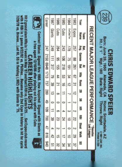 Vintage 1988 Donruss 239b Chris Speier baseball card showcasing career stats