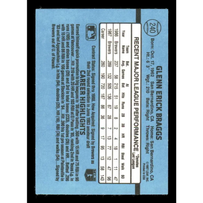 1988 Donruss #240 Glenn Braggs EX Milwaukee Brewers Baseball Card Image 2