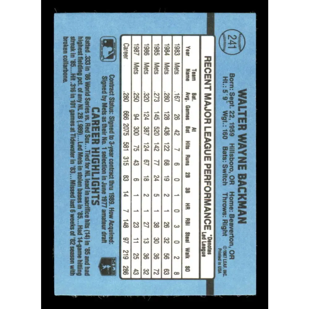 1988 Donruss #241 Wally Backman EX New York Mets Baseball Card Image 2
