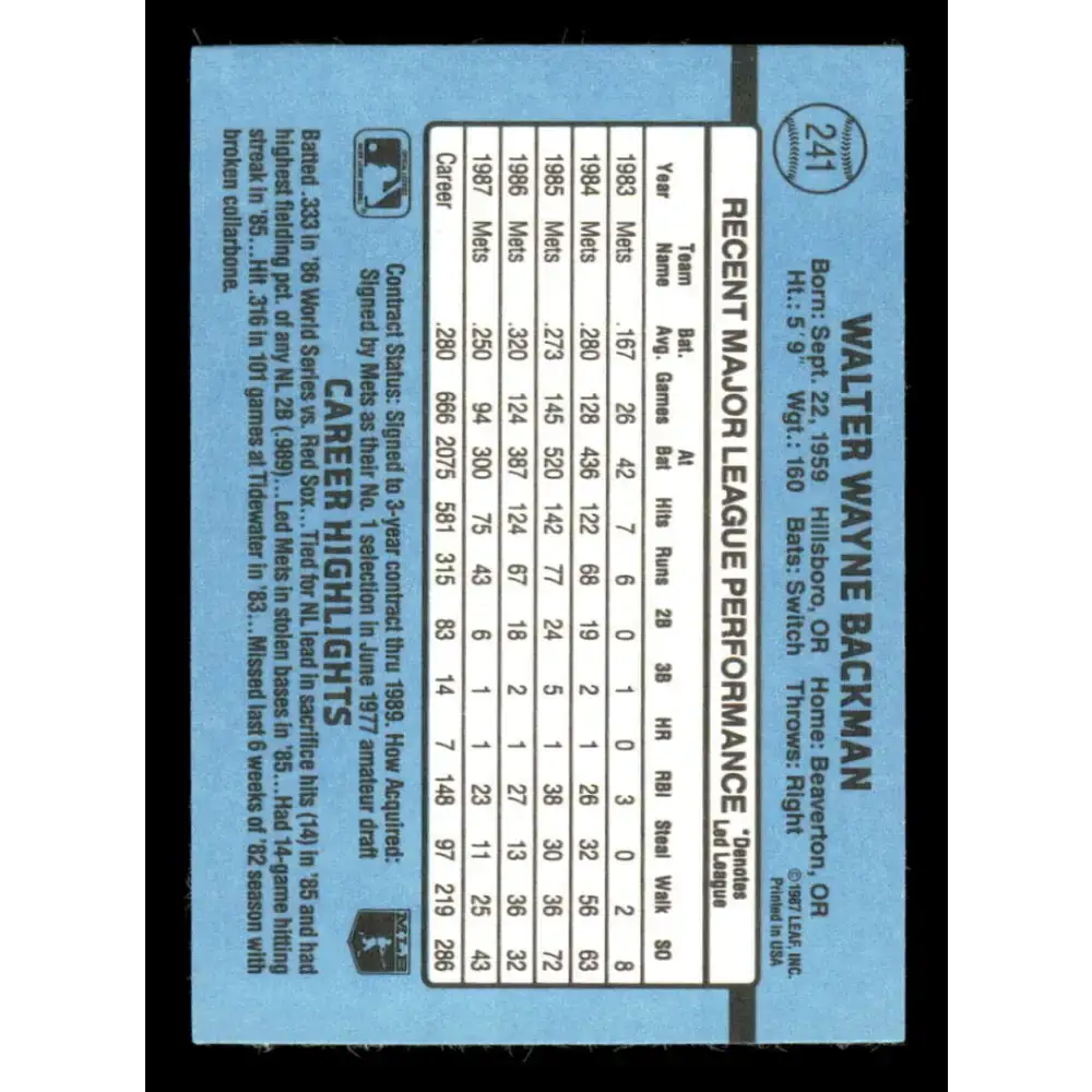1988 Donruss #241 Wally Backman EX New York Mets Baseball Card - Baseball Card Single