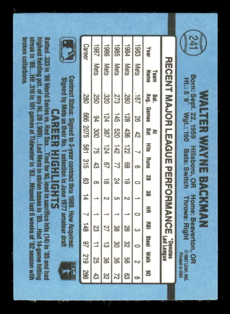 1988 Donruss #241 Wally Backman NM-MT New York Mets Baseball Card - Baseball Card Single