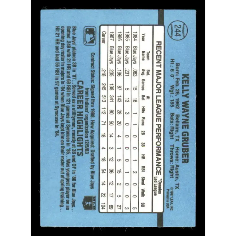 1988 Donruss #244 Kelly Gruber EX Toronto Blue Jays Baseball Card - Baseball Card Single